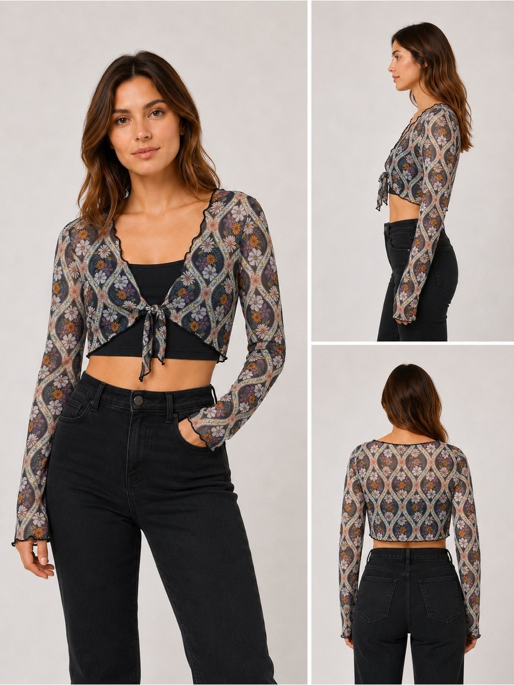Cupshe Floral Mesh Tie Front Crop Top Women’s S Sheer Long Sleeve NWT